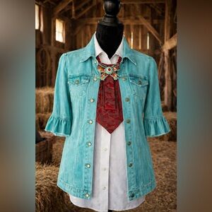 Beautiful Necktie Necklace Red Turquoise Lg Western Bow Brooch w/Rhinestones